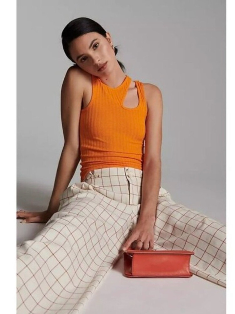 Maeve by Anthropologie Orange Ribbed Asymmetric cut out Tank Top size medium